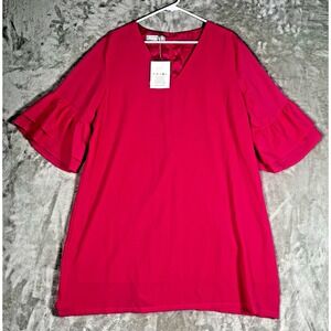 Belongsci blouse Womens XXL 2XL Half Bell Sleeve shirt Pink solid V-Neck NEW